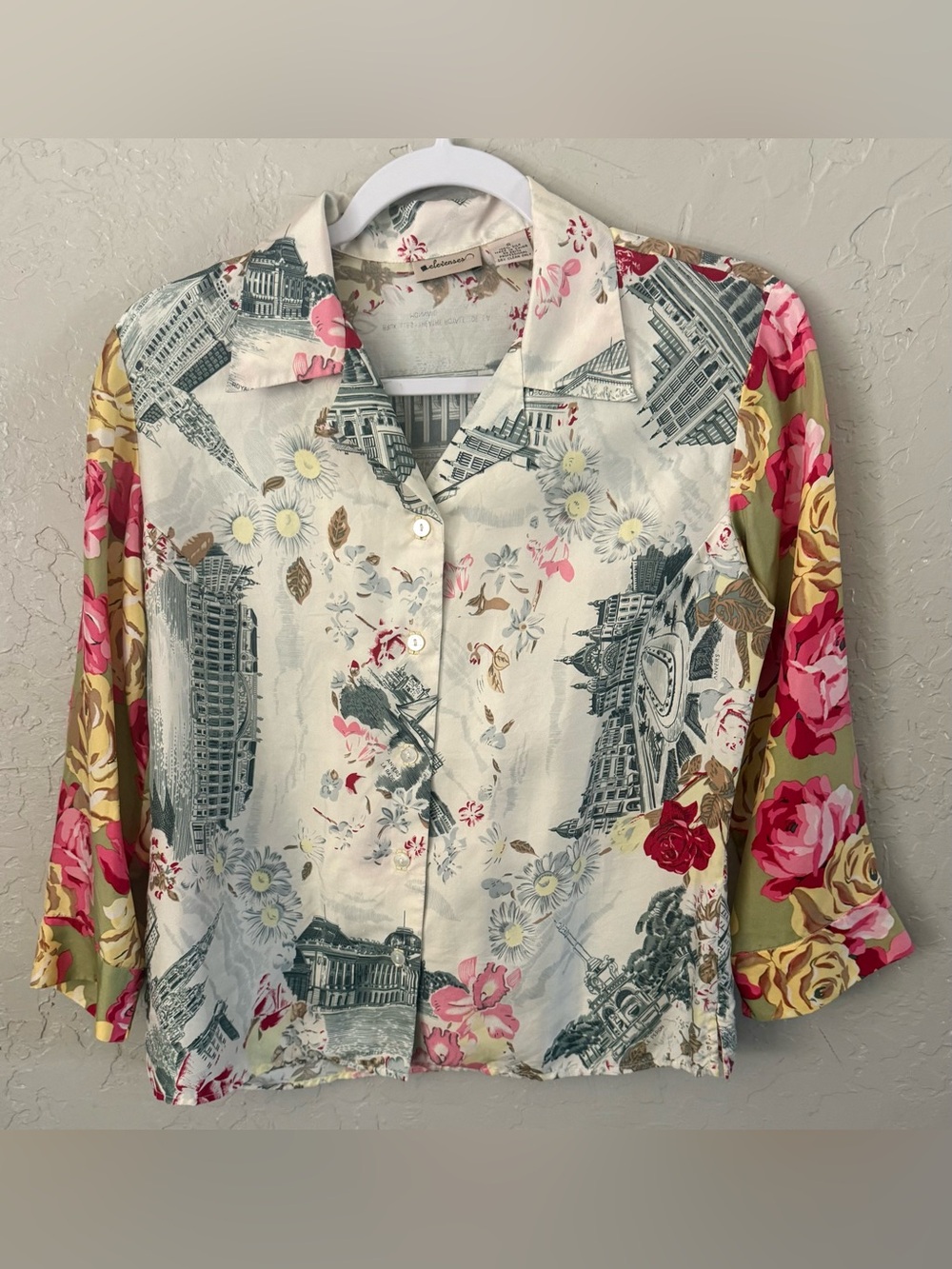 Anthropologie Elevenses S 100% Silk Print Blouse “Belgium Historical Buildings..